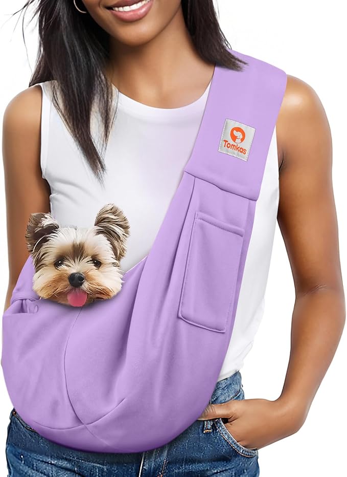 Tomkas Small Dog Sling Carrier - Zipper Pocket & Adjustable Strap & Zip Pocket - for 3-10 lbs Pets (Light Purple, M - Classic Pocket & Classic Strap)