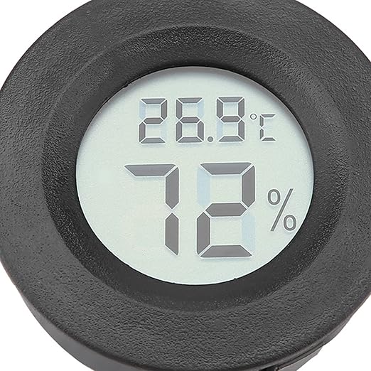 Fydun Digital Thermometer Hygrometer, LCD Temperature Humidity Mini Hygrometer Round Shape Thermometers Meter for Reptile Incubator Aquarium Poultry, Compact Size & (Black)