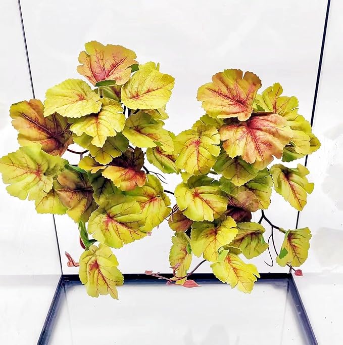2 Pack Reptile Plants for Terrarium, Amphibian Habitat Decor Artificial Hanging Plants with Suction Cup, Gecko Chameleon Snake Tortoise Tank Accessories-Fake Heuchera Micrantha Yellow