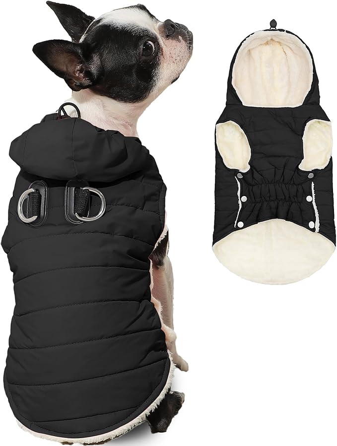 Vecomfy Fleece Lining Dog Hoodie with Harness Built in,Extra Warm Medium Dog Jacket in Winter Doggie Coats with Drawstring Hooded,Black L