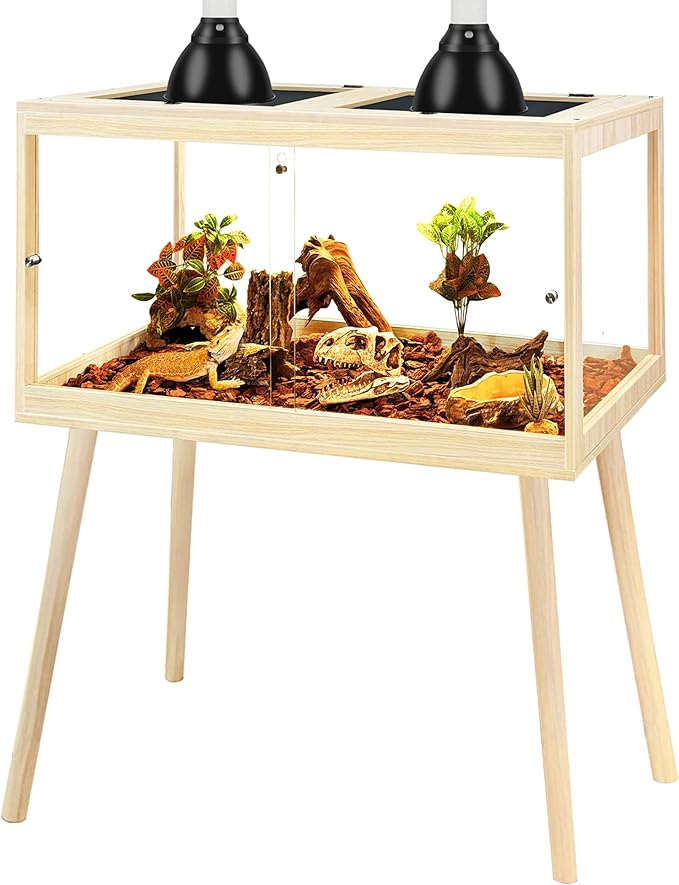 PROLEE Bearded Dragon Tank with Leg, 30 Gallon Tempered Glass Lizard Tank, Reptile Enclosure with Metal Mesh and Lockable Door, Reptile Tank for Snakes,Chameleon (Oak, 24x15.5x15.5 Inch)