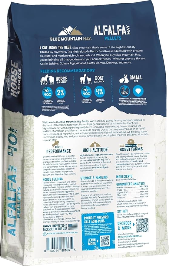 Blue Mountain Hay High Altitude Alfalfa Hay Pellets (40 lb), Ultra Premium Nutrient Dense Forage, Small Quick Soaking Low Dust Pellets, Easy to Measure, Automatic Feeder Friendly
