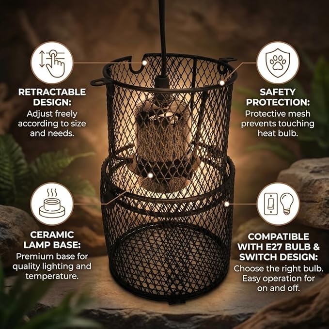 Fafeicy Retractable Reptile Heat Lamp Guard, Avoid Scald with E27 Ceramic Lamp Holder, Safety Protector (US Plug 110‑120V 300W)