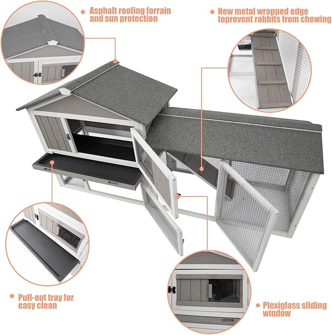 Gowoodhut Rabbit Hutch Indoor Outdoor Bunny Cage with Pull Out Tray,2 Story Wooden Rabbit Cage with Weatherproof Asphalt Roof,Guinea Pig Cage with Ventilation Doors,Ramp for Small Animals 114" L Grey
