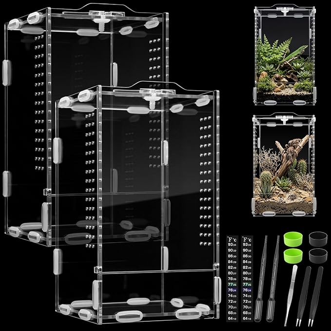 2 Pack Jumping Spider Enclosure Kit Acrylic Reptile Terrariums with Locking Latch, All Side Ventilation, Praying Mantis Habitat, Frog Bug Enclosure, 4.3x4.7x7.87 Inch with Feeding Monitoring Tool