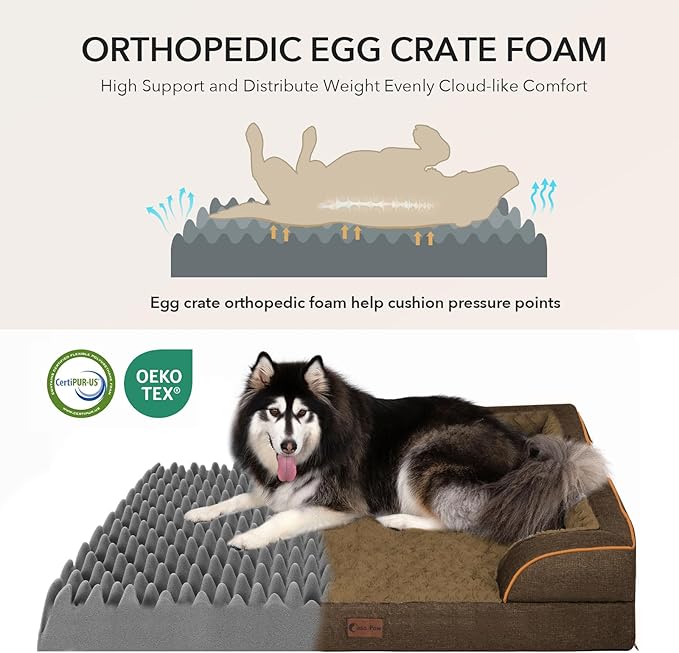 Orthopedic Dog Beds for Large Sized Dogs, Waterproof Memory Foam Large Pet Bed with Sides 35x22Inch, Non-Slip and Egg-Crate Foam Big Dog Couch Bed with Removable Washable Cover, Brown