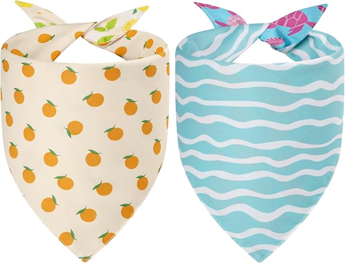 Summer Dog Bandanas XLarge 2PCS, 4 Pattern Blue Pink Yellow Scarf for Boy and Girl, Triangle Reversible Bibs Breed for Puppy Cats Pets