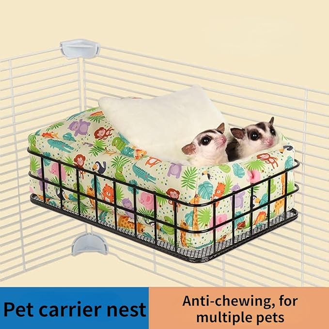 Rat Hammock for Cage Chew Proof Rat Toys Warm Bed, Small Animal Hanging Iron Basket Ferret Cage Accessories and Habitats Removable Nest Mat for Hamster, Sugar Glider, Hedgehog (Black Iron,Monkey)