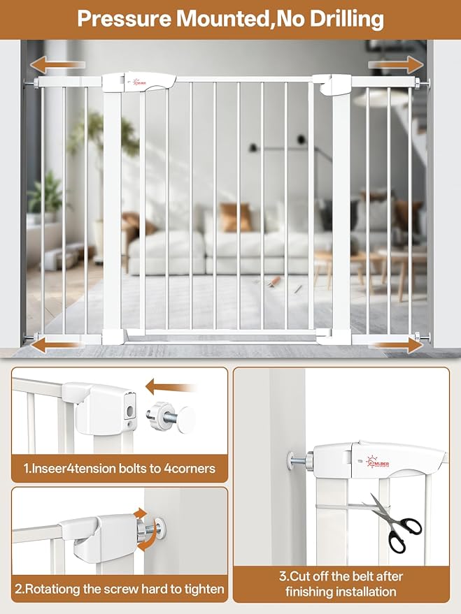 Baby Gate for Indoor Stairs & Doorways: Wide Expandable 27.9-46.8" Metal Safety Gate - Toddler Pets 30" Tall Dog Gate with Easy Install Pressure Mount Dual Lock & 2-Way Swing, White.