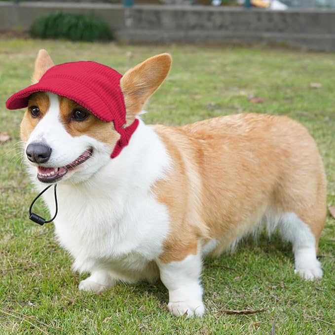 Dog Baseball Cap, Dog Cat Summer Beach Visor Hat with Ear Holes, Adjustable Puppy Sunbonnet Headdress (Red, Medium)