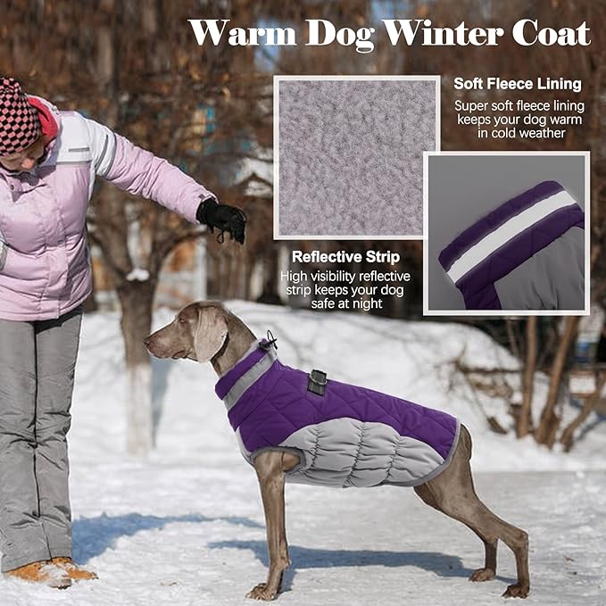 Lelepet Dog Coat Warm Dog Winter Coat Waterproof Dogs Jacket with Harness Built in Reflective Pet Fleece Vest Zip-Up Cold Weather Coats for Medium Dogs Turtleneck & Windproof Coats Dachshund Purple M