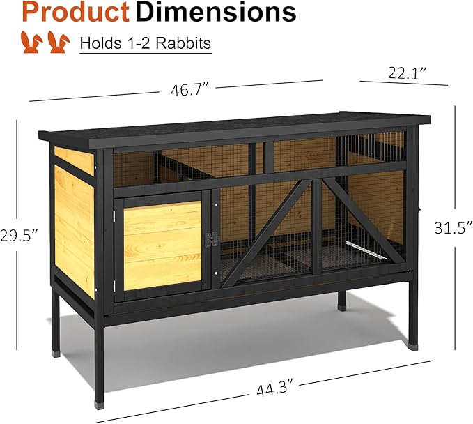 TIMHAKA 46.7" Rabbit Cage Elevated Bunny Cage Indoor, Outdoor Rabbit Hutch Hamster Cages for Small Animals, Wooden Guinea Pig Cages with Removable Tray & Waterproof Asphalt Roof & Bottom Wire Mesh