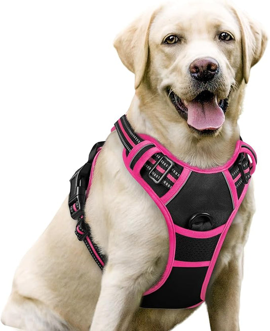 rabbitgoo Dog Harness No Pull with 2 Leash Clips, Adjustable Soft Padded, Reflective Oxford No Choke Pet Vest with Easy Control Handle for Large Dogs, Black & Hot Pink, L