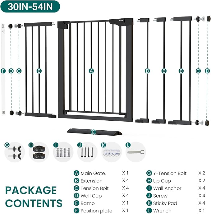 Cumbor 30-54" Extra Wide Baby Gate for Stairs, Dual Lock & Self-Closing Dog Gate Indoor, Easy Install Pet Gate for Doorways, Hallways & Kitchen, Easy Walk Thru Safety Proofing for Babies & Pets, Black