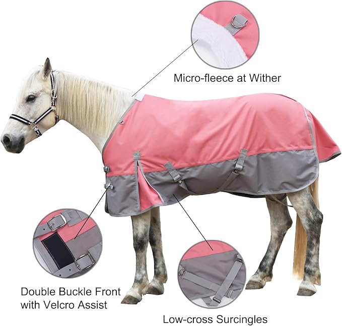 1200D Ripstop Waterproof Breathable Horse Blanket (0g No Fill), Lightweight Turnout Rain Sheet, Keeps Dry in Mud & Wet Weather Pinkgrey 69"