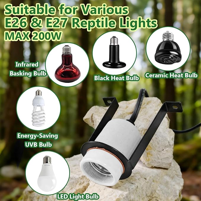 Reptile Light Fixture,Bearded Dragon Heat Lamp Holder Bracket with Thermometer,Pet Heating Light Ceramic Socket,Lamp Fixture for Amphibian,Gecko,Iguana,Lizard,Snake,Turtle (Deep-U)