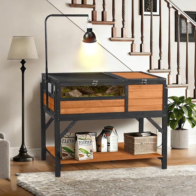 Aivituvin Tortoise Habitat Turtle Enclosure, Wooden Tortoise House Reptile Cage for Small Animals, Reptile Tank with Large Storage Shelf