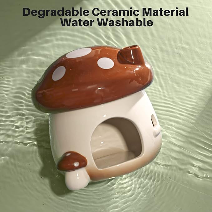BUCATSTATE Hamster Hideout Ceramic, Mushroom Shape Hamster House and Habitats Cool Bed Ideal for All Season Dwarf Hamster Gerbil Mice Golden Bear (Brown-Large)