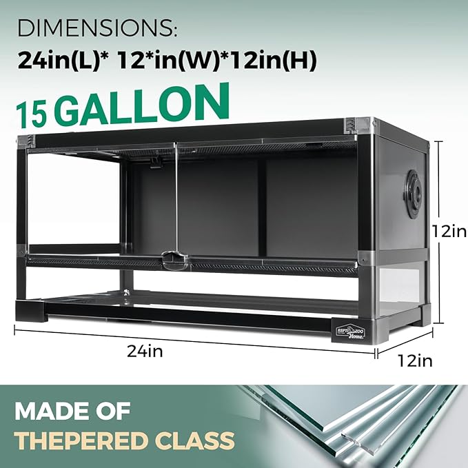 15 Gallon Full Glass Reptile Tank, Quick Fold Reptiles Enclosure with Waterproof Base, Top Screen Ventilation, 24" x 12" x 12" Front Opening Terrarium for Gecko, Lizard, Hermit Crab, Frog