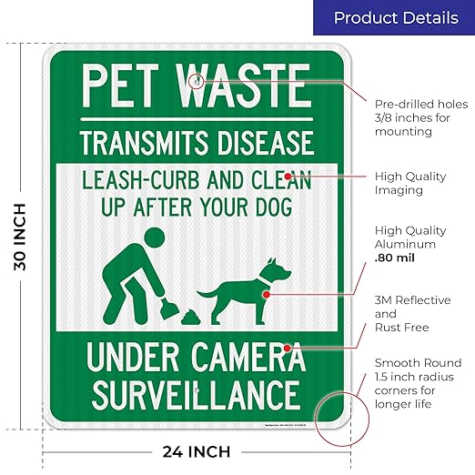 Pet Waste Leash-Curb and Clean Up After Your Dog Under Camera Surveillance Sign, (SI-63188) 24x30 Inches, 3M EGP Reflective .080 Aluminum, Fade Resistant, Made in USA