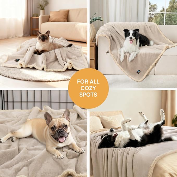 Waterproof Pet Blanket, Liquid Pee Proof Dog Blanket for Sofa Bed Couch, Reversible Sherpa Fleece Furniture Protector Cover for Small Medium Large Dogs Cats, Grey Beige Medium（57" x 40"）