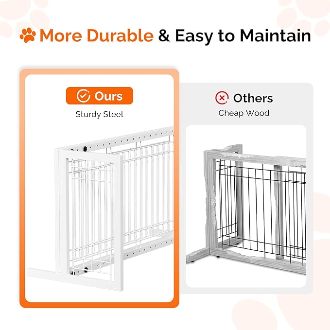 Bonnlo Free Standing Dog Gate, 37" - 68" Wide Pet Gate for Fireplace Stairs Doorways, Metal Adjustable Pet Fence Indoor, Christmas Tree Gate (Metal-White)
