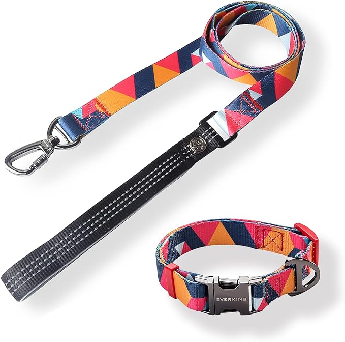 Everking Dog Leash and Collar Set with Metal Buckle,Suitable for Medium Dogs Weighing 11-20kg, Memphis Geometric Pattern Design Style, Flexible Webbing, Nylon Handle, Adjustable (Flamingo, M)