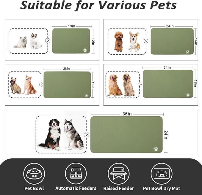 HotLive Dog Food Mat - Absorbent Cat Mat for Food and Water, No Stains Pet Feeding Bowl Mat, Easy to Clean Pet Placemats, Quick Dry Dog Water Dispenser Mat for Messy Drinkers | Paw Green 12"x 19"