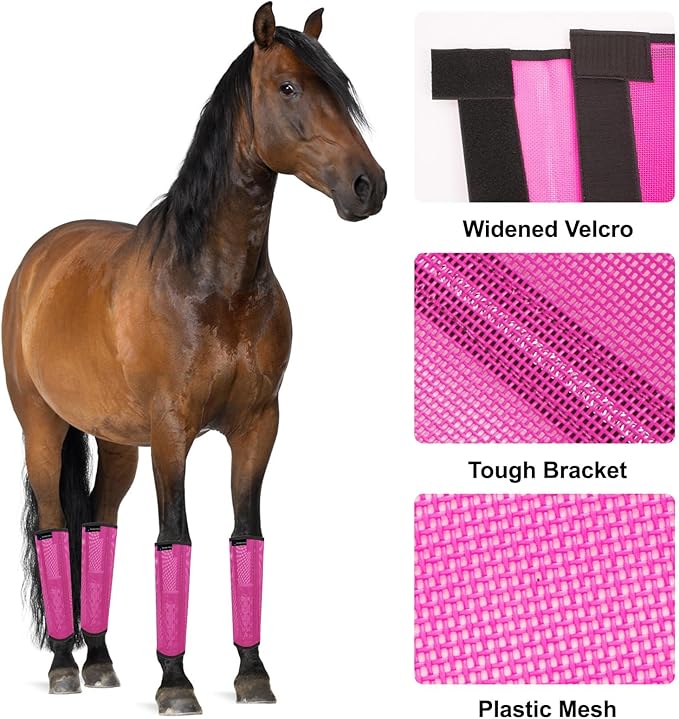 FOXLVDA Horse Fly Boots - Fly Boots for Horses Set of 4, Comfortable Horse Leggings, Mesh Material Design with Metal Support Bars for Reduces Stomping & Leg Fatigue (Pink, Medium)
