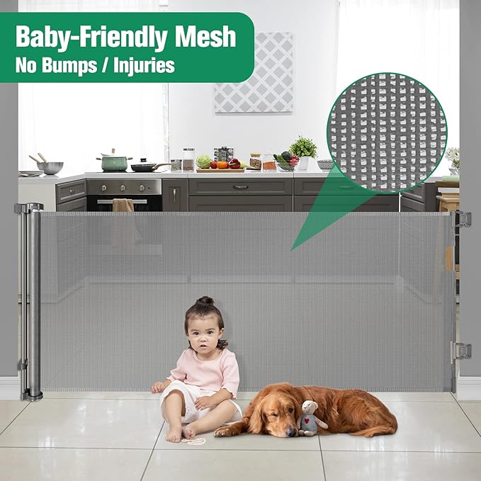 110 Inch Retractable Baby Gates Extra Wide Baby Gate for Large Openings Indoor Outdoor Retractable Dog Gate for Stairs Extra Long Dog Gate Large Retractable Pet Gate Child Gates for Doorways