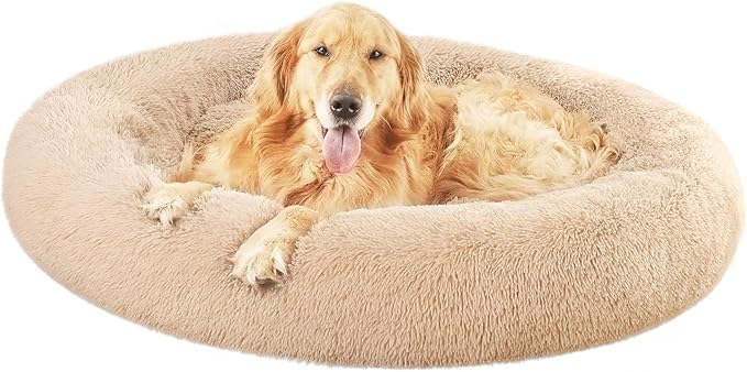 Amazon Basics Washable Donut Pet Bolster Faux Fur Bed with Removable Cover, Anti-Slip Bottom for Dog, Beige, 45" x 45"