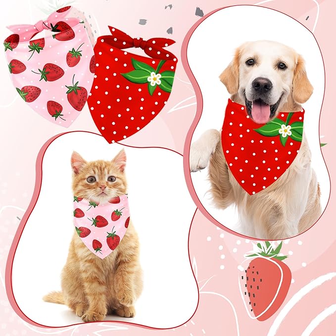 JarThenaAMCS 2Pcs Strawberry Dog Bandana Cute Summer Fruit Theme Triangle Pet Scarf Red Pink Adjustable Pet Neckerchief Bibs for Cat Dog Birthday Costume Accessories