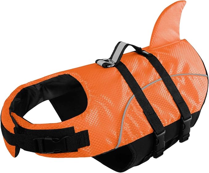 Queenmore Ripstop Dog Life Jacket Shark Life Vest for Dogs, Safety Lifesaver with High Buoyancy and Lift Handle for Small and Medium Breeds（Orange M）