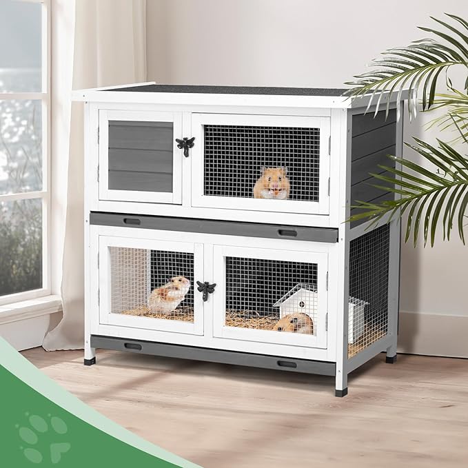 2 Story Rabbit Cage/Guinea Pig Cages,32.7”H Solid Wood Bunny Cage with Pull-Out Trays Waterproof Roof, Indoor Outdoor Rabbit Hutch Guinea Pig Cage Pet House for Small Animals