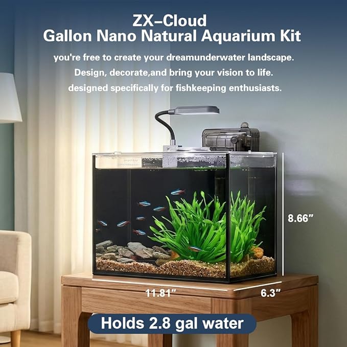 Betta Fish Tank,Aquarium Starter kit,2.8 Gallon Fish Tank Kit,Small Aquarium,Small Fish Tank,Ultra-Clear Nano Aquarium with Light,Filter,Cobblestone,Sand and Artificial Plants