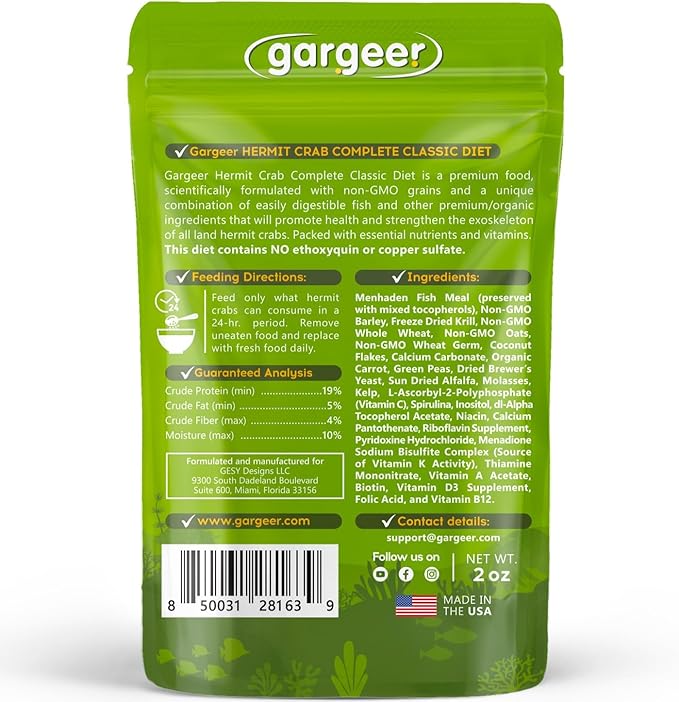 Gargeer Hermit Crab Complete Diet. Non-GMO Premium Ingredients, for All Nutritional and Immune System Needs. 2oz Granular Textured ‘Surprise Your Crab’ Meal. Enjoy!