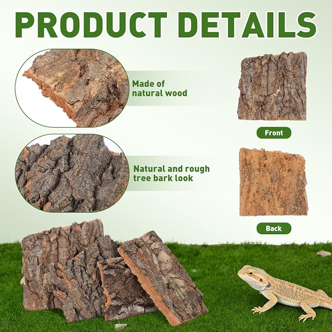 PRETYZOOM 4pcs Cork Bark Reptile Hide – Natural Flat Wood Bark for Geckos, Lizards, Hermit Crabs, Small Snakes – Climbing Accessory for Terrariums, Turtle Tanks and Bird Cages (Assorted Size)