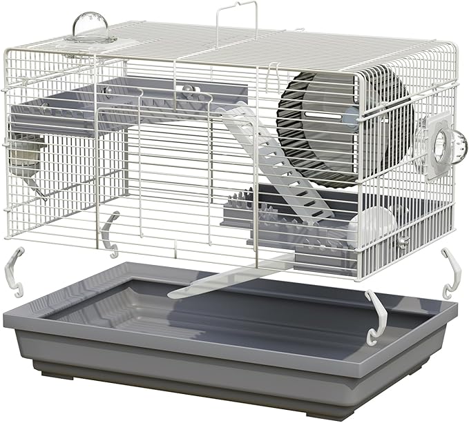 Small Hamster Cage Starter Kit 19”Lx12”Wx12”H for Dwarf Hamster & Robo Hamster with Multilevel Platforms, 2 Tube Ports, Exercise Wheel, Ladders, Water Bottle, Food Bowl, Gray