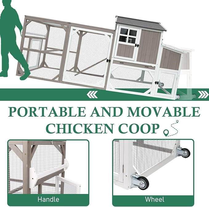 Large Chicken Coop with Run & Wheels, Portable Outdoor Hen House for 3-6 Chickens, 3 Nesting Boxes, Quail Hutch & Poultry Cage, Removable Tray & Ramp (95.3" L Grey)