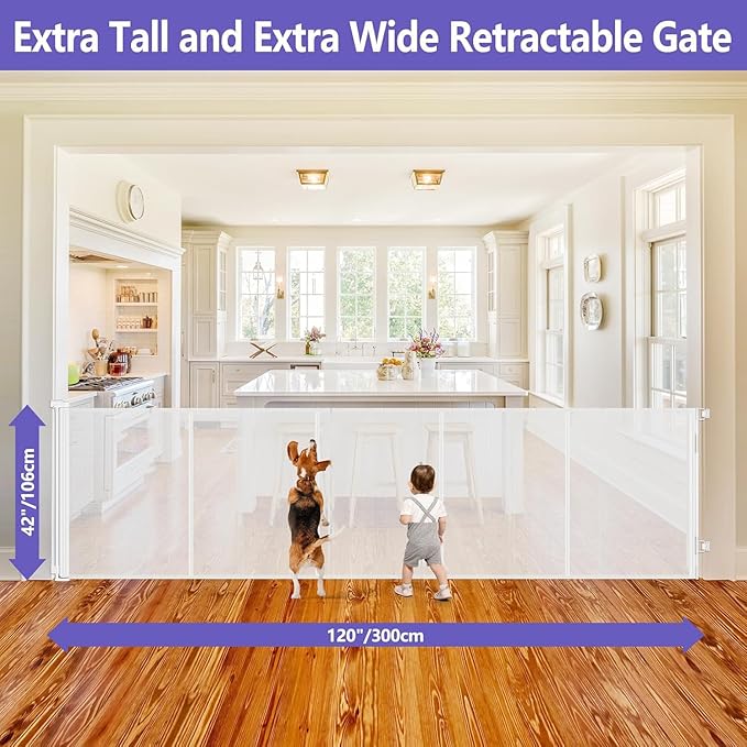 Newly Enhanced - 42" Tall × 120" Extra Wide Retractable Baby Gate Keeps Pets from Getting Under Tall Dog Gate, Indoor/Outdoor Baby Gates for Dogs, Retractable Dog Gate for Large Openings, White