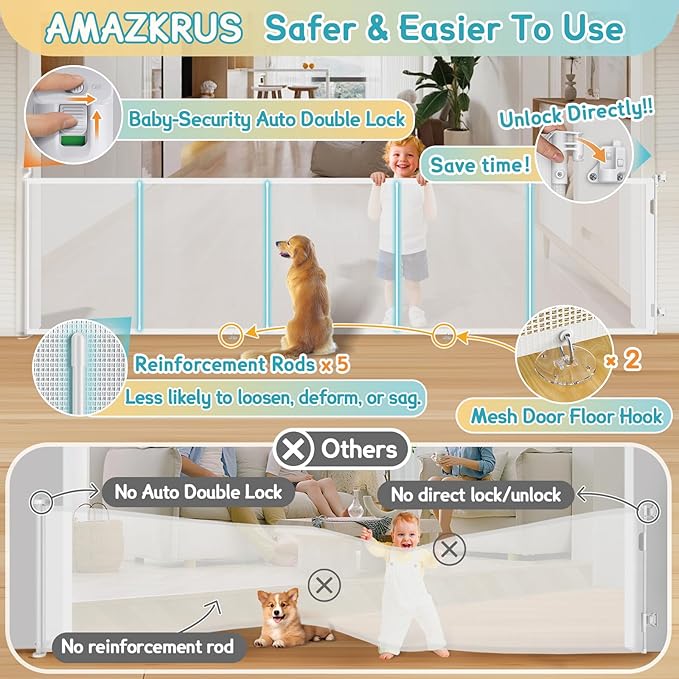 120'' Retractable Baby Gates Extra Wide, 42" Extra Tall Retractable Dog Gate for Doorways,10 Foot Safety Upgrade Extra Long White Retractable Baby Gate for Stairs, Indoor/Outdoor Retractable Gate