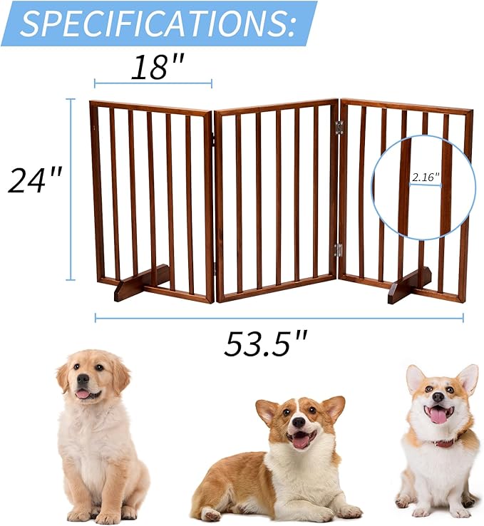 BONNLO Free Standing Dog Gate Indoor, Foldable Pet Gate for Dogs and Puppy, 24" Height Wooden Dog Gates for Doorways Extra Wide/Stairs/Hallways (Brown, 3 Panel)