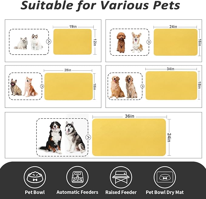 HotLive Dog Food Mat - Absorbent Cat Mat for Food and Water, No Stains Pet Feeding Bowl Mat, Easy to Clean Pet Placemats, Quick Dry Dog Water Dispenser Mat for Messy Drinkers | Yellow 12"x 19"
