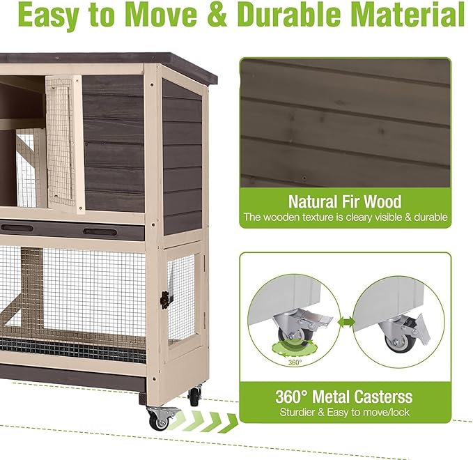 Guinea Pig Cages Indoor/Outdoor, Wooden Rabbit Hutch with Wheels, Large Rabbit House with 2-Story, Bunny Cage with Chew-Proof Ramp and Leap-Proof Trays, Waterproof Small Animals Habitat (Brown)