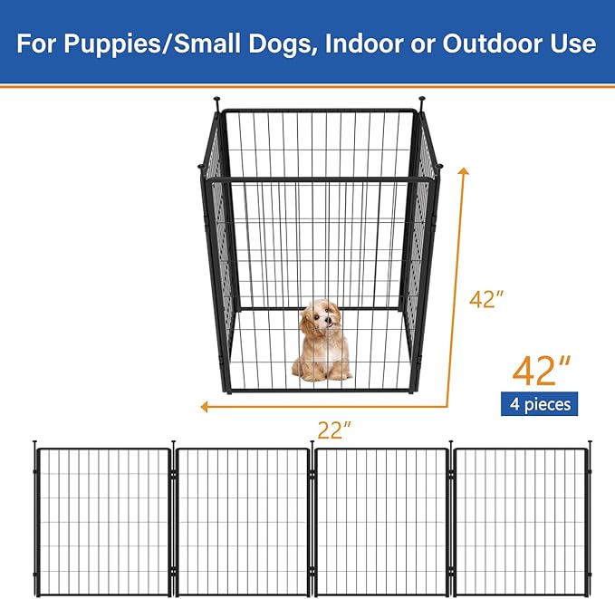 Dog Playpen Add-on 42 inch 4 Panels for Indoor & Outdoor Use – Heavy-Duty Metal Pet Fence with Ground Stakes, Rounded Ball Tops for Safety, Stable & Foldable Design, Easy to Assemble