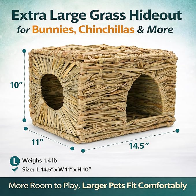 HERCOCCI Extra Large Grass House for Rabbit, Foldable & Comfortable - Small Animal Hut Play Hideaway Bed Hay Mat Chew Toy for Bunny Guinea Pig Hamster Chinchilla (1 Pack)
