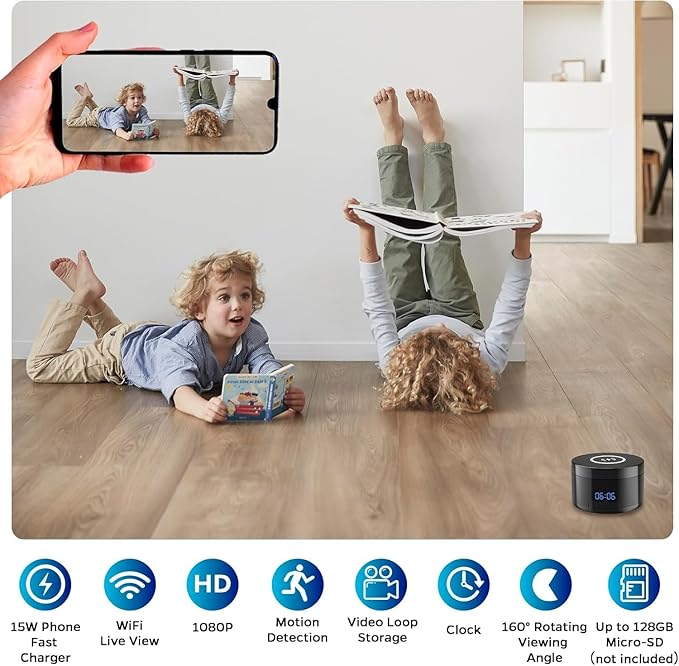 Smart Security Camera - 1080P Indoor Cameras for Home Security - Pet/Dog Camera with Motion Tracking - 15W Fast Phone Charger - Digital Clock