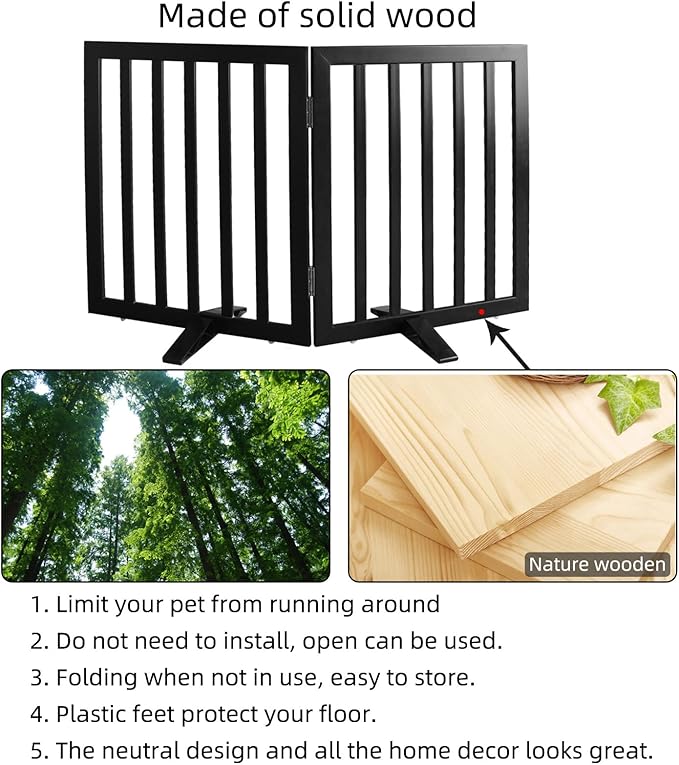 ZJSF Freestanding Indoor Dog Gate for House Foldable Wood Puppy Gate for Doorways Pet Gate for Stairs Extra Wide Pet Fence, Black, 24" Height 2 Panels