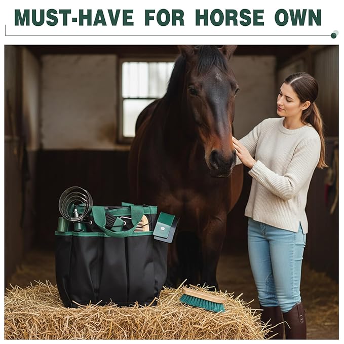 Abbylike 12 Pieces Horse Grooming Kit with Organizer Tote Bag Tack Room Supplies Horse Brush Sets Equine Care Cleaning Kit Shedding Grooming Massaging Tools (Khaki and Green)