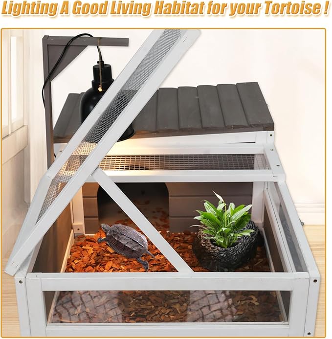 Ketive Tortoise Habitat Large Wooden Tortoise House Indoor & Outdoor, Reptile Cage for Small Animals-Leakproof Tray (Grey, 23" D x 38.98" W x 14.5" H)